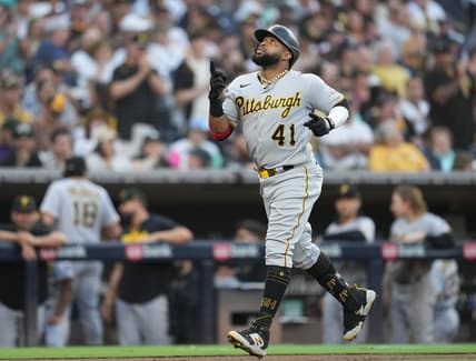 Jul 24, 2023; San Diego, California, USA;  Pittsburgh Pirates first baseman Carlos Santana (41) reacts to his two run home run against the San Diego Padres during the third inning at Petco Park. Mandatory Credit: Ray Acevedo-USA TODAY Sports