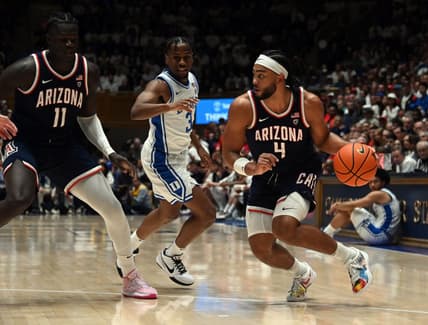 Nov 10, 2023; Durham, North Carolina, USA;  Arizona Wildcats guard Kylan Boswell (4) controls the ball during the first half against the Duke Blue Devils at Cameron Indoor Stadium. Mandatory Credit: Rob Kinnan-USA TODAY Sports
