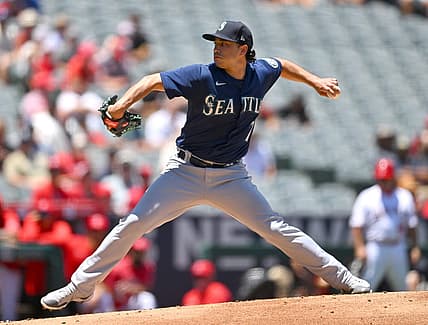Jun 26, 2022; Anaheim, California, USA;  Seattle Mariners starting pitcher Marco Gonzales (7) in the first inning against the Los Angeles Angels at Angel Stadium. Mandatory Credit: Jayne Kamin-Oncea-USA TODAY Sports
