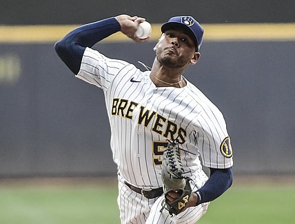 Jun 4, 2021; Milwaukee, Wisconsin, USA;  Milwaukee Brewers pitcher Freddy Peralta (51) pitches in the first inning against the Arizona Diamondbacks at American Family Field. Mandatory Credit: Benny Sieu-USA TODAY Sports