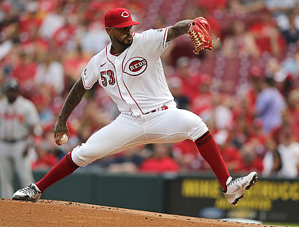 Jun 25, 2021; Cincinnati, Ohio, USA; Cincinnati Reds starting pitcher Vladimir Gutierrez (53) throws a pitch against the Atlanta Braves during the first inning at Great American Ball Park. Mandatory Credit: David Kohl-USA TODAY Sports