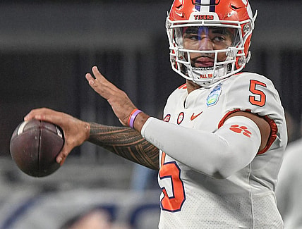 Dec 3, 2022; Charlotte, NC, USA; Clemson Tigers quarterback DJ Uiagalelei (5) warms up before the ACC Championship game against the North Carolina Tarheels at Bank of America Stadium. Mandatory Credit: Ken Ruinard-USA TODAY NETWORK