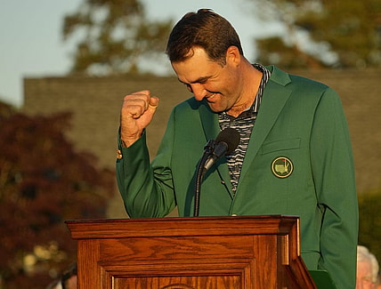 Apr 10, 2022; Augusta, Georgia, USA; Scottie Scheffler speaks to the crowd during the Green Jacket Ceremony after winning the 2022 Masters Tournament during the final round of the Masters Tournament at Augusta National Golf Club. Mandatory Credit: Adam Cairns-Augusta Chronicle/USA TODAY Sports