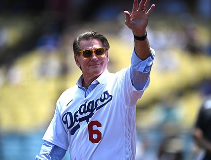 Jul 25, 2021; Los Angeles, California, USA; Los Angeles Dodgers Steve Garvey was honored during pregame ceremonies for the 40th anniversary of the 1981 World Series team at Dodger Stadium. Mandatory Credit: Jayne Kamin-Oncea-USA TODAY Sports