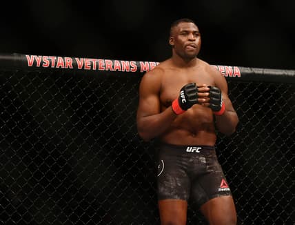 May 9, 2020; Jacksonville, Florida, USA;  Francis Ngannou (red gloves) before fighting Jairzinho Rozenstruik (blue gloves) during UFC 249 at VyStar Veterans Memorial Arena. Mandatory Credit: Jasen Vinlove-USA TODAY Sports