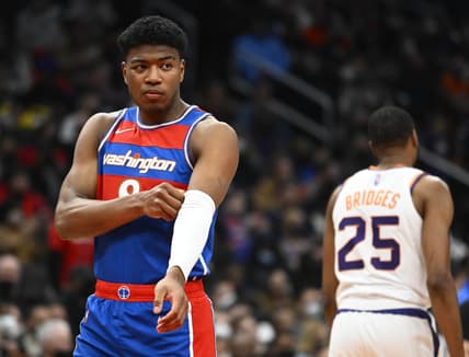 Feb 5, 2022; Washington, District of Columbia, USA; Washington Wizards forward Rui Hachimura (8) on the court against the Phoenix Suns during the second half at Capital One Arena. Mandatory Credit: Brad Mills-USA TODAY Sports