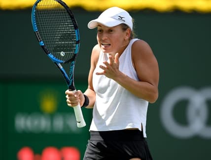 Oct 6, 2021; Indian Wells, CA, USA; Yulia Putintseva (KAZ) during her first round match as she defeated Andrea Petkovic (not pictured) during the BNP Paribas Open at the Indian Wells Tennis Garden. Mandatory Credit: Jayne Kamin-Oncea-USA TODAY Sports