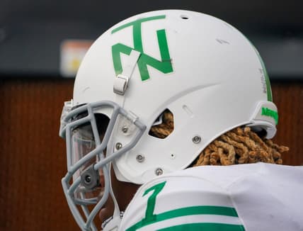 Oct 9, 2021; Columbia, Missouri, USA; A general view of a North Texas Mean Green helmet against the Missouri Tigers during the game at Faurot Field at Memorial Stadium. Mandatory Credit: Denny Medley-USA TODAY Sports