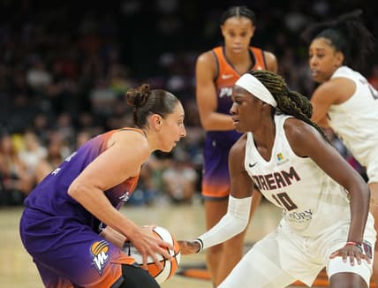 Aug 3, 2023; Phoenix, Arizona, USA; Atlanta Dream guard Rhyne Howard (10) plays defense against Phoenix Mercury guard Diana Taurasi (3) during the game at at Footprint Center. Mandatory Credit: Joe Camporeale-USA TODAY Sports