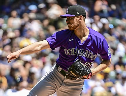 Jul 24, 2022; Milwaukee, Wisconsin, USA; Colorado Rockies pitcher Chad Kuhl (41) throws a pitch in the first inning against the Milwaukee Brewers at American Family Field. Mandatory Credit: Benny Sieu-USA TODAY Sports