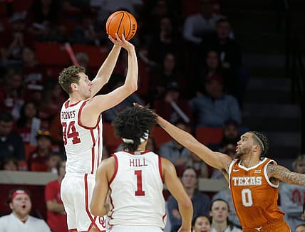 Oklahoma Sooners forward Jacob Groves (34) shoots over Texas Longhorns forward Timmy Allen (0) during an NCAA men's college basketball game between the University of Oklahoma and Texas at Lloyd Noble Center in Norman, Okla., Saturday, Dec. 31, 2022.

Oklahoma Vs Texas Basketball
