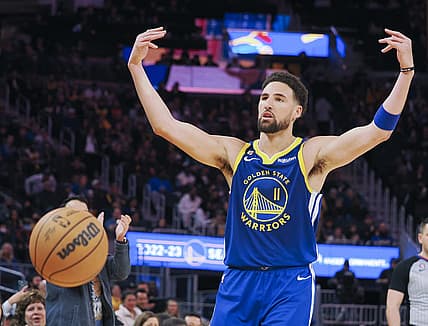 Feb 24, 2023; San Francisco, California, USA; Golden State Warriors guard Klay Thompson (11) gestures towards fans as a time out if called during the fourth quarter against the Houston Rockets at Chase Center. Mandatory Credit: Kelley L Cox-USA TODAY Sports