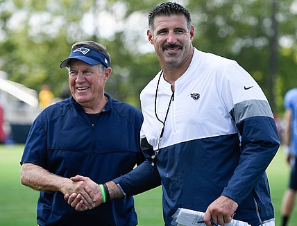 New England Patriots head coach Bill Belichick shares a laugh with Tennessee Titans head coach Mike Vrabel after a joint training camp practice at Saint Thomas Sports Park Wednesday, Aug. 14, 2019 in Nashville, Tenn.

Nas Titans 8 14 Observations 030
