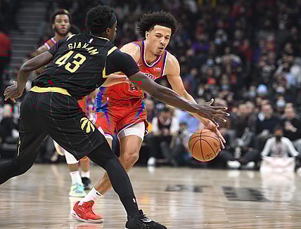 Nov 13, 2021; Toronto, Ontario, CAN; Detroit Pistons guard Cade Cunningham (2) dribbles the ball against Toronto Raptors forward Pascal Siakam (43) in the first half at Scotiabank Arena. Mandatory Credit: Dan Hamilton-USA TODAY Sports