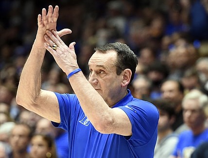 Mar 5, 2022; Durham, North Carolina, USA; Duke Blue Devils head coach Mike Krzyzewski calls timeout during the second half against the North Carolina Tar Heels at Cameron Indoor Stadium.  The Tar Heels won 94-81. Mandatory Credit: Rob Kinnan-USA TODAY Sports