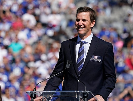 Sep 26, 2021; E. Rutherford, N.J., USA;  New York Giants former quarterback Eli Manning is honored at halftime of the game between Atlanta Falcons and the Giants at MetLife Stadium. Mandatory Credit: Robert Deutsch-USA TODAY Sports