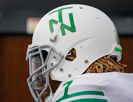 Oct 9, 2021; Columbia, Missouri, USA; A general view of a North Texas Mean Green helmet against the Missouri Tigers during the game at Faurot Field at Memorial Stadium. Mandatory Credit: Denny Medley-USA TODAY Sports