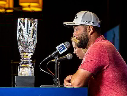 Jon Rahm speaks to members of the media in a conference after winning The American Express on the Pete Dye Stadium Course at PGA West in La Quinta, Calif., Sunday, Jan. 22, 2023.