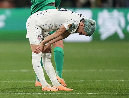 Aug 6, 2023; Melbourne, AUS; United States forward Megan Rapinoe (15) reacts after losing to Sweden in the penalty kick shootout during a Round of 16 match in the 2023 FIFA Women's World Cup at Melbourne Rectangular Stadium. Mandatory Credit: Jenna Watson-USA TODAY Sports