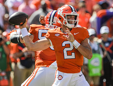 Sep 23, 2023; Clemson, South Carolina, USA; Clemson Tigers quarterback Cade Klubnik (2) throws a pass against the Florida State Seminoles during the first quarter at Memorial Stadium. Mandatory Credit: Ken Ruinard-USA TODAY Sports