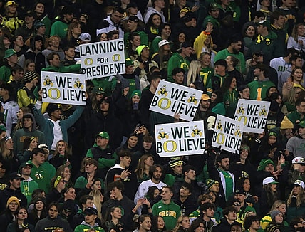 Duck fans show their support for Oregon quarterback Bo Nix and coach Dan Lanning during the game against Oregon State.
