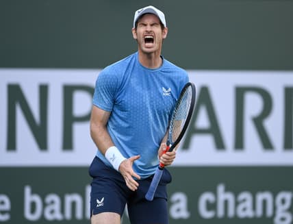 Oct 12, 2021; Indian Wells, CA, USA;  Andy Murray (GBR) reacts after missing a shot against Alexander Zverev (GER) during a third round match in the BNP Paribas Open at the Indian Wells Tennis Garden. Mandatory Credit: Jayne Kamin-Oncea-USA TODAY Sports