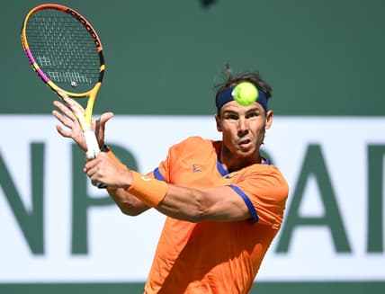 Mar 12, 2022; Indian Wells, CA, USA;  Rafael Nadal (ESP) hits a shot in his 2nd round match defeating Sebastian Korda (USA) at the BNP Paribas open at the Indian Wells Tennis Garden. Mandatory Credit: Jayne Kamin-Oncea-USA TODAY Sports