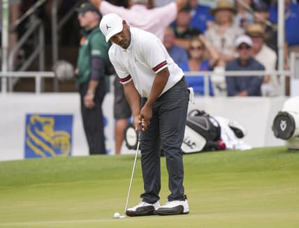Apr 16, 2022; Hilton Head, South Carolina, USA; Harold Varner III putts during the third round of the RBC Heritage golf tournament. Mandatory Credit: David Yeazell-USA TODAY Sports