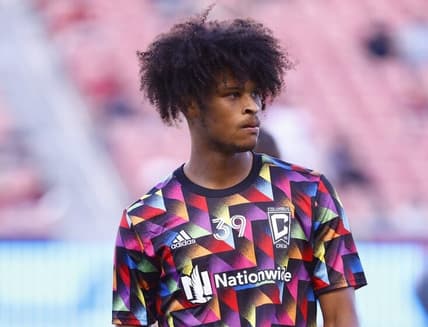 Jun 25, 2022; Sandy, Utah, USA; Columbus Crew forward Jacen Russell-Rowe (39) warms up prior to their game against the Real Salt Lake at Rio Tinto Stadium. Mandatory Credit: Jeffrey Swinger-USA TODAY Sports
