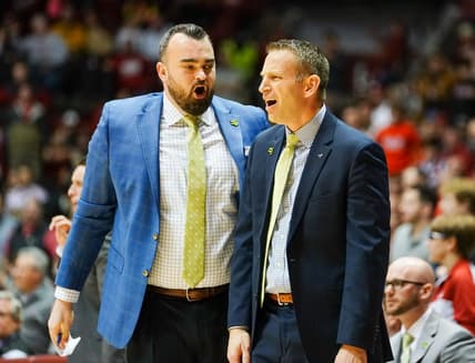Jan 18, 2020; Tuscaloosa, Alabama, USA; Alabama Crimson Tide assistant coach Bryan Hodgson talk to head coach Nate Oats about a call in the game against Missouri Tigers at Coleman Coliseum. Mandatory Credit: Marvin Gentry-USA TODAY Sports