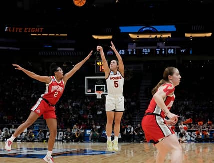 March 27, 2023; Seattle, WA, USA; Virginia Tech Hokies guard Georgia Amoore (5) shoots while guarded by Ohio State Buckeyes forward Taylor Thierry (2) during the first half of an NCAA Tournament Elite Eight basketball game at Climate Pledge Arena in Seattle on Monday. Mandatory Credit: Barbara J. Perenic/Columbus Dispatch

Ceb Osu Vt Ncaa Bjp 18