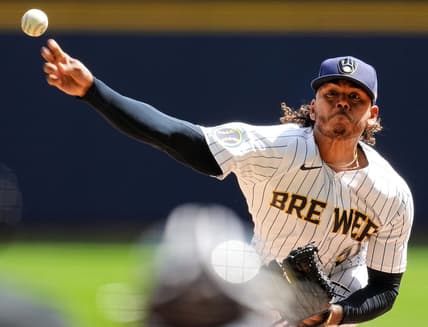 Apr 9, 2023; Milwaukee, Wisconsin, USA;  Milwaukee Brewers starting pitcher Freddy Peralta (51) throws during the first inning of their game against the St. Louis Cardinals at American Family Field. Mandatory Credit: Mark Hoffman-USA TODAY Sports