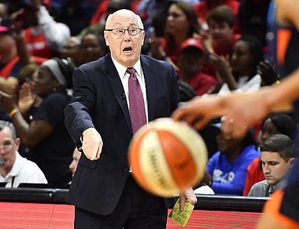 Oct 10, 2019; Washington, DC, USA; Washington Mystics head coach Mike Thibault gestures from the sidelines against the Connecticut Sun during the second quarter in game five of the 2019 WNBA Finals at Entertainment and Sports Ar. Mandatory Credit: Brad Mills-USA TODAY Sports