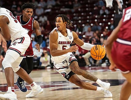 Nov 8, 2022; Columbia, South Carolina, USA; South Carolina Gamecocks guard Meechie Johnson (5) drives against the South Carolina State Bulldogs in the first half at Colonial Life Arena. Mandatory Credit: Jeff Blake-USA TODAY Sports