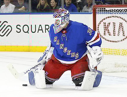 Feb 3, 2020; New York, New York, USA; New York Rangers goaltender Henrik Lundqvist (30) makes a save against the Dallas Stars during the first period at Madison Square Garden. Mandatory Credit: Andy Marlin-USA TODAY Sports