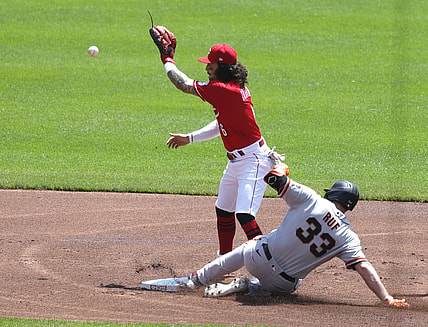 May 20, 2021; Cincinnati, Ohio, USA; San Francisco Giants first baseman Darin Ruf (33) is safe at second against Cincinnati Reds second baseman Jonathan India (6) after hitting a double in the first inning at Great American Ball Park. Mandatory Credit: David Kohl-USA TODAY Sports