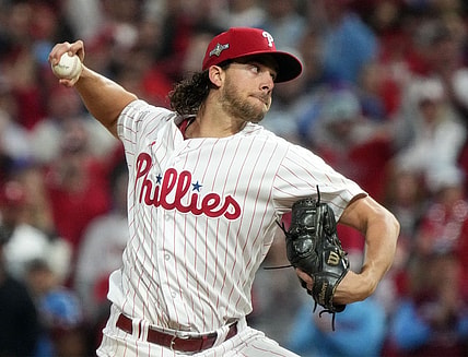 Philadelphia Phillies starting pitcher Aaron Nola (27) throws to the Arizona Diamondbacks in the sixth inning during Game 2 of the NLCS at Citizens Bank Park in Philadelphia on Oct. 17, 2023.