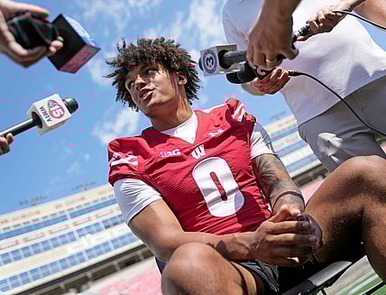 Wisconsin Badgers running back Braelon Allen (0) talks to the media as part of Wisconsin Badgers' football media day at the McClain Center in Madison on Tuesday, Aug. 2, 2022.