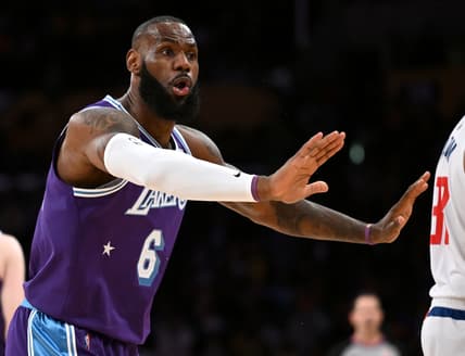 Feb 25, 2022; Los Angeles, California, USA;   Los Angeles Lakers forward LeBron James (6) looks for a foul call from the official in the first half of the game against the Los Angeles Clippers at Crypto.com Arena. Mandatory Credit: Jayne Kamin-Oncea-USA TODAY Sports