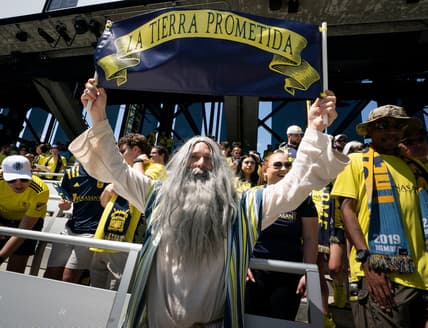 Nashville SC fan Stephen Mason dressed as Moses holds a sign above fans during first half at Geodis Park in Nashville, Tenn., Sunday, May 1, 2022. The game was Nashville SC   s first in the new stadium.

Nas Nashvillesc Philadelphia Moses 001