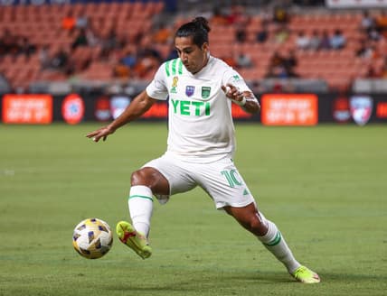 Sep 11, 2021; Houston, Texas, USA; Austin FC forward Cecilio Dominguez (10) in action against the Houston Dynamo FC at BBVA Stadium. Mandatory Credit: Troy Taormina-USA TODAY Sports