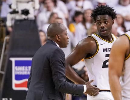 Mar 4, 2023; Columbia, Missouri, USA; Missouri Tigers head coach Dennis Gates talks with guard Kobe Brown (24) against the Mississippi Rebels during the second half at Mizzou Arena. Mandatory Credit: Denny Medley-USA TODAY Sports