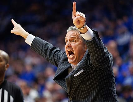 Feb 23, 2022; Lexington, Kentucky, USA; Kentucky Wildcats head coach John Calipari yells to his players during the first half against the LSU Tigers at Rupp Arena at Central Bank Center. Mandatory Credit: Jordan Prather-USA TODAY Sports