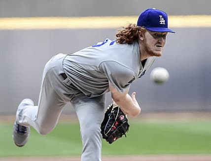 May 1, 2021; Milwaukee, Wisconsin, USA; Los Angeles Dodgers pitcher Dustin May (85) pitches in the first inning against the Milwaukee Brewers at American Family Field. Mandatory Credit: Benny Sieu-USA TODAY Sports