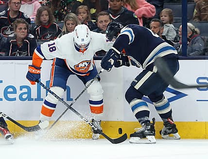 Oct 28, 2023; Columbus, Ohio, USA; New York Islanders left wing Pierre Engvall (18) fights for the puck with Columbus Blue Jackets defenseman Erik Gudbranson (44) during the first period at Nationwide Arena. Mandatory Credit: Joseph Maiorana-USA TODAY Sports