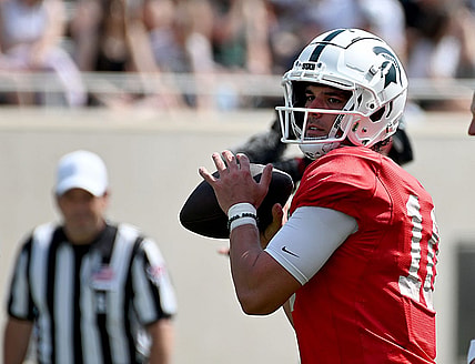 Apr 15, 2023; East Lansing, MI, USA;  Michigan State Spartans quarterback Payton Thorne (10) throws downfield at Spartan Stadium. Mandatory Credit: Dale Young-USA TODAY Sports
