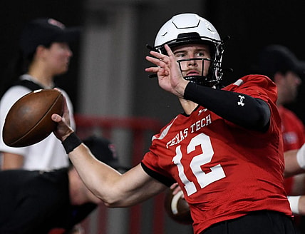 Texas Tech's Tyler Shough prepares to throw the ball during football practice, Thursday, March 23, 2023, at Sports Performance Center.