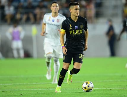 Sep 12, 2021; Los Angeles, California, USA; Los Angeles FC midfielder Eduard Atuesta (20) controls the ball against Real Salt Lake during the second half at Banc of California Stadium. Mandatory Credit: Gary A. Vasquez-USA TODAY Sports
