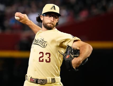 Jun 16, 2023; Phoenix, AZ, USA; Arizona Diamondbacks starting pitcher Zac Gallen (23) throws to the Cleveland Guardians in the first inning at Chase Field. Mandatory Credit: Rob Schumacher-Arizona Republic
