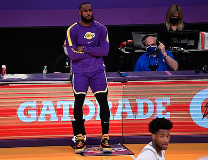 Apr 30, 2021; Los Angeles, California, USA; Los Angeles Lakers forward LeBron James (23) waits to reenter the game during there second quarter against the Sacramento Kings at Staples Center. James returned to the Lakers lineup after recovering from an ankle injury. Mandatory Credit: Robert Hanashiro-USA TODAY Sports